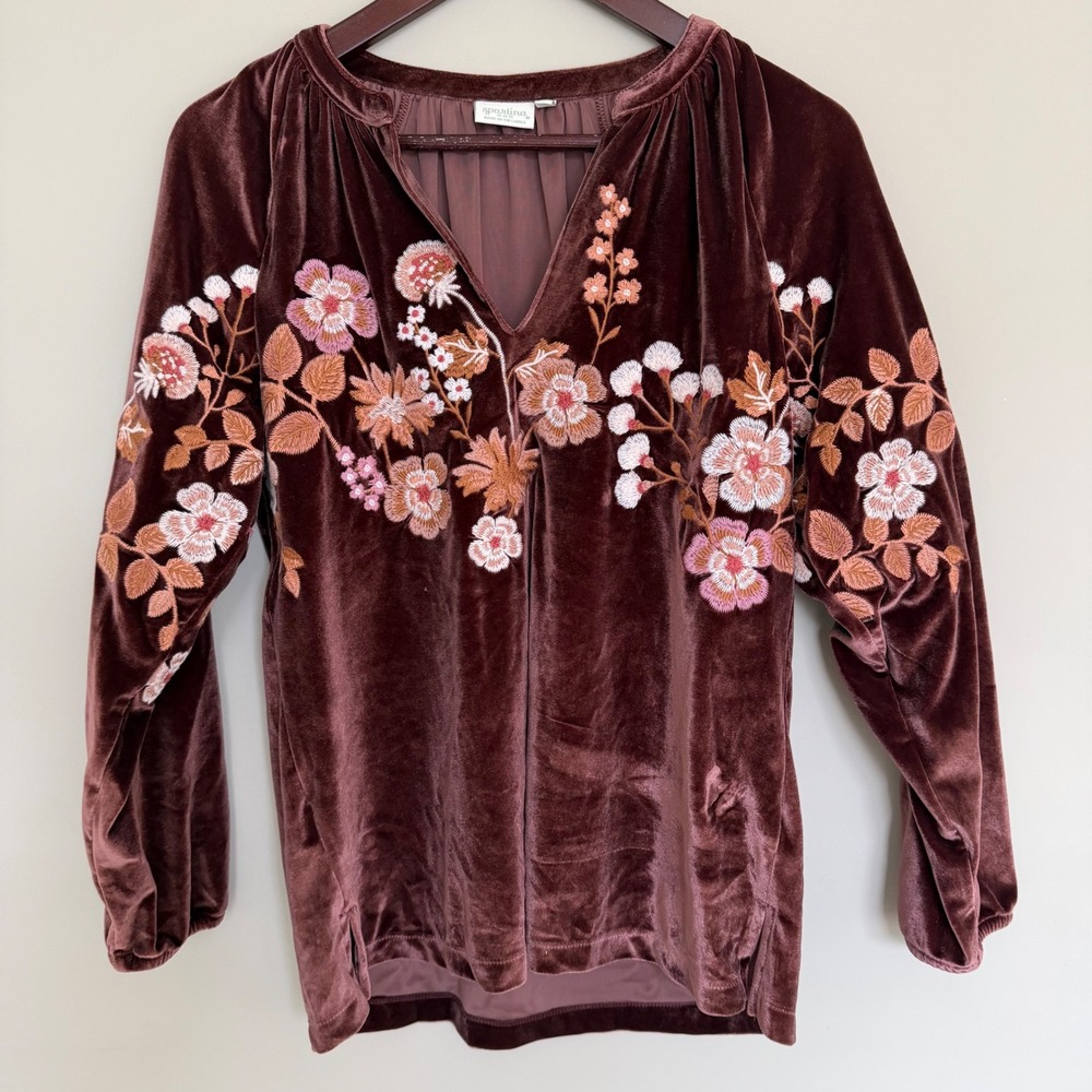 Spartina 449 Genevieve Popover Velvet Top in Lucas Theatre Embroidery M Brown - Picture 4 of 8